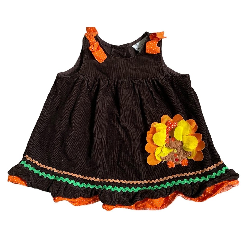 Vintage 80s Corduroy Toddler Dress 18M Brown Sundress Chicken Applique Cute